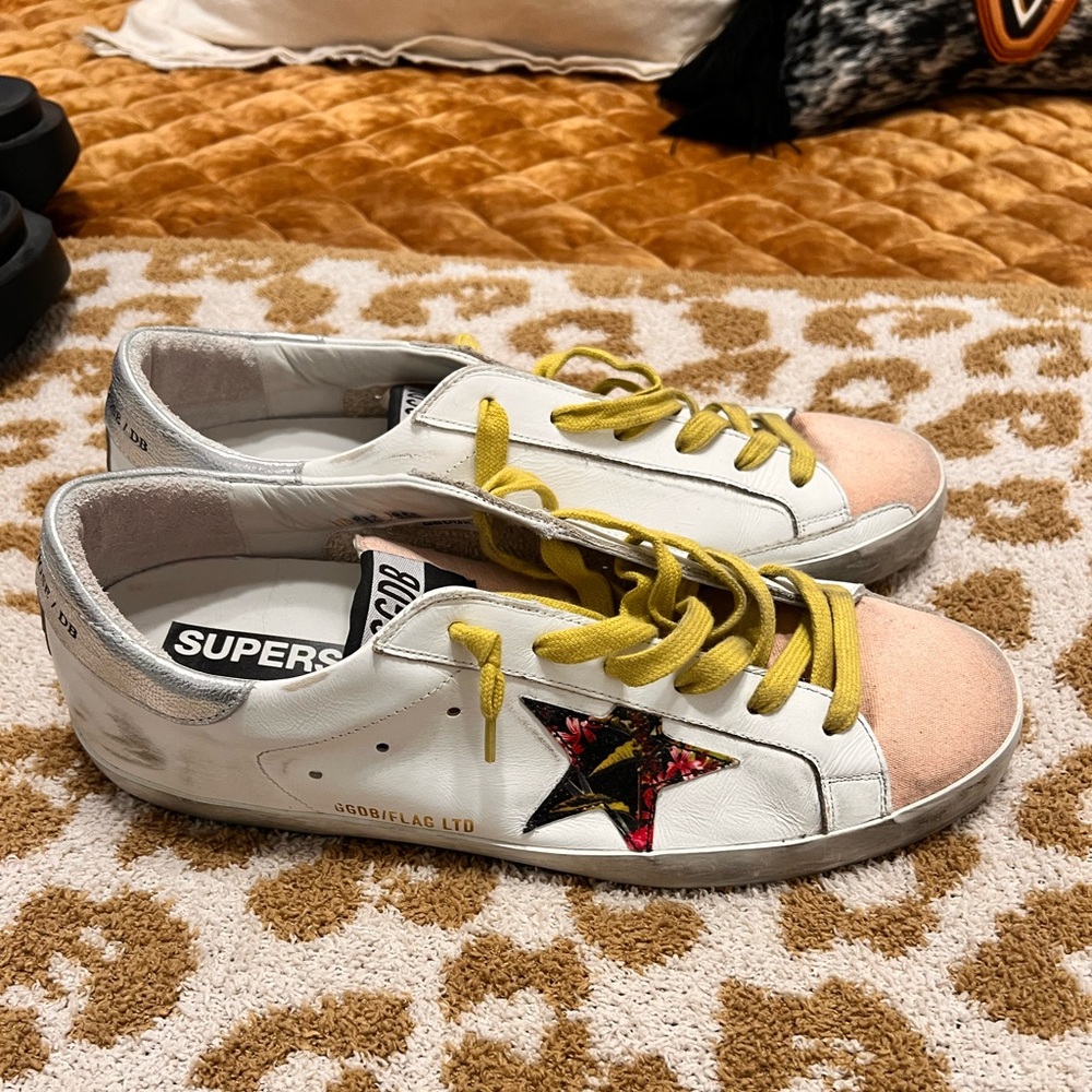 Golden goose White and Pink floral Sneakers with Yellow Laces